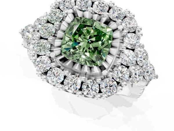 Platinum Fancy Green Cushion Cut Diamond Halo Ring with Pavé Band and Four-Prong Setting
