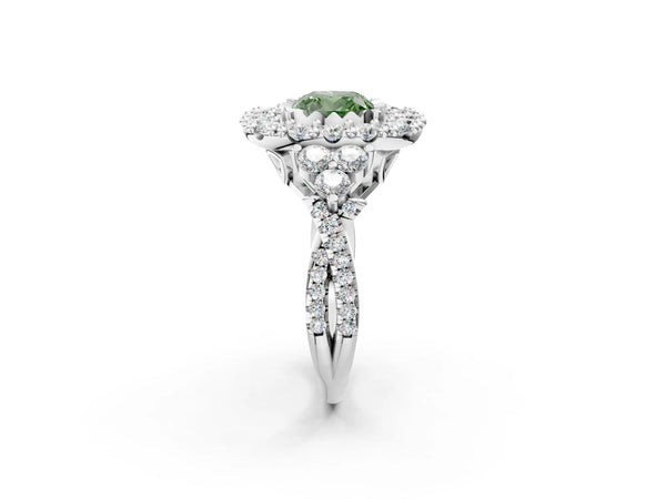 Platinum Fancy Green Cushion Cut Diamond Halo Ring with Pavé Band and Four-Prong Setting