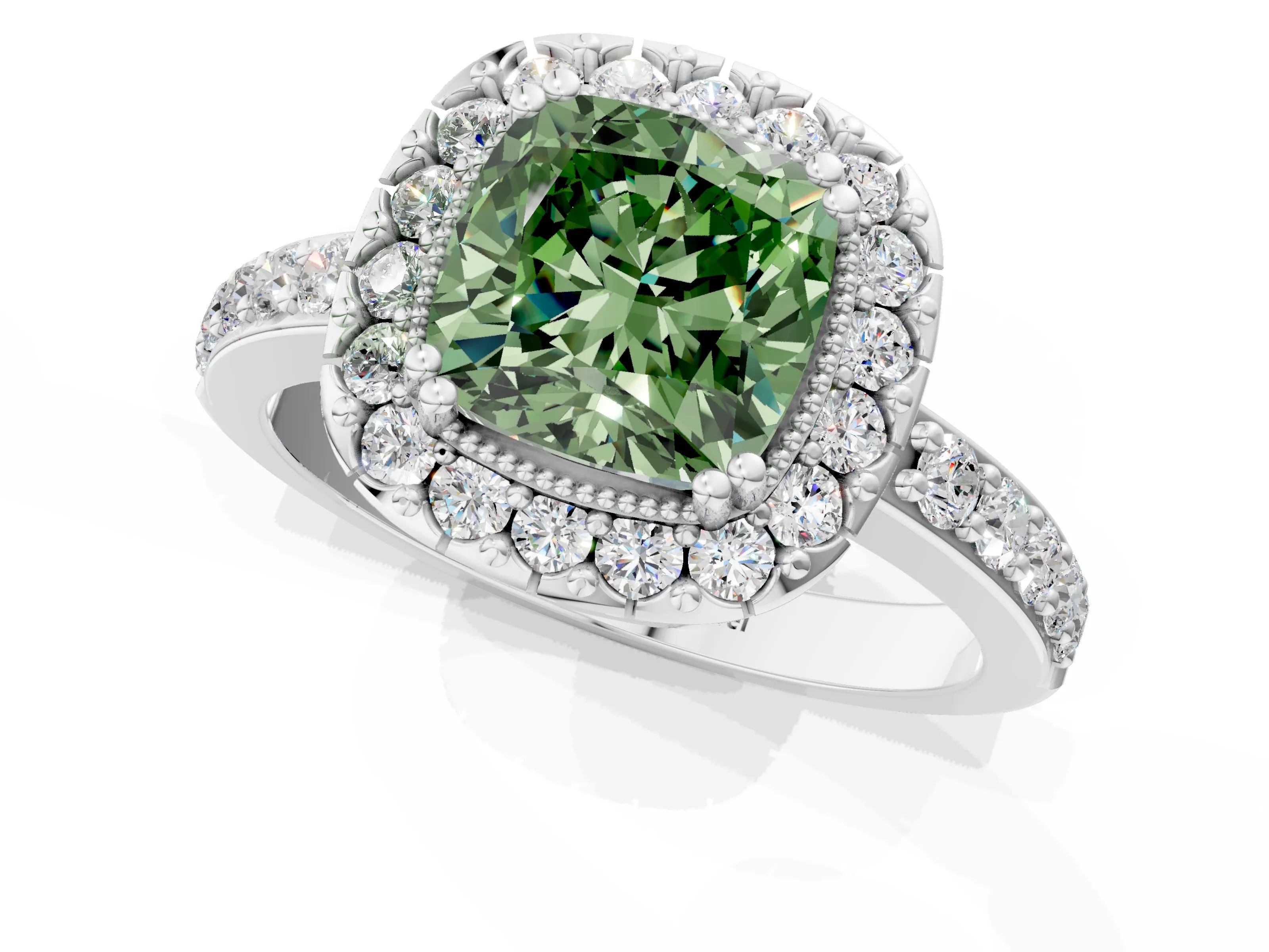 White gold Fancy Green Cushion Cut Diamond Halo Ring with Pavé Band and Prong Setting_1