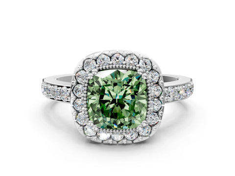 White gold Fancy Green Cushion Cut Diamond Halo Ring with Pavé Band and Prong Setting_12
