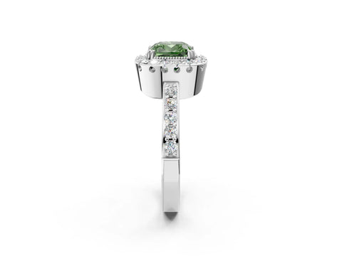 White gold Fancy Green Cushion Cut Diamond Halo Ring with Pavé Band and Prong Setting_44