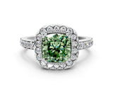 White gold Fancy Green Cushion Cut Diamond Halo Ring with Pavé Band and Prong Setting_48