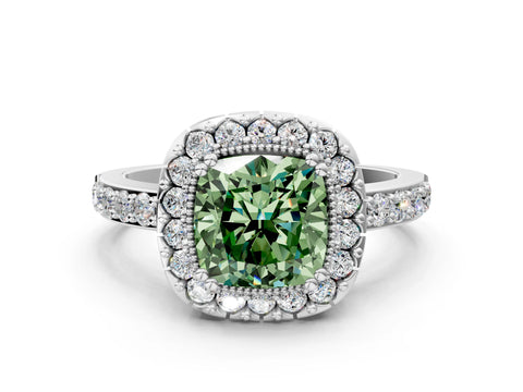 White gold Fancy Green Cushion Cut Diamond Halo Ring with Pavé Band and Prong Setting_48