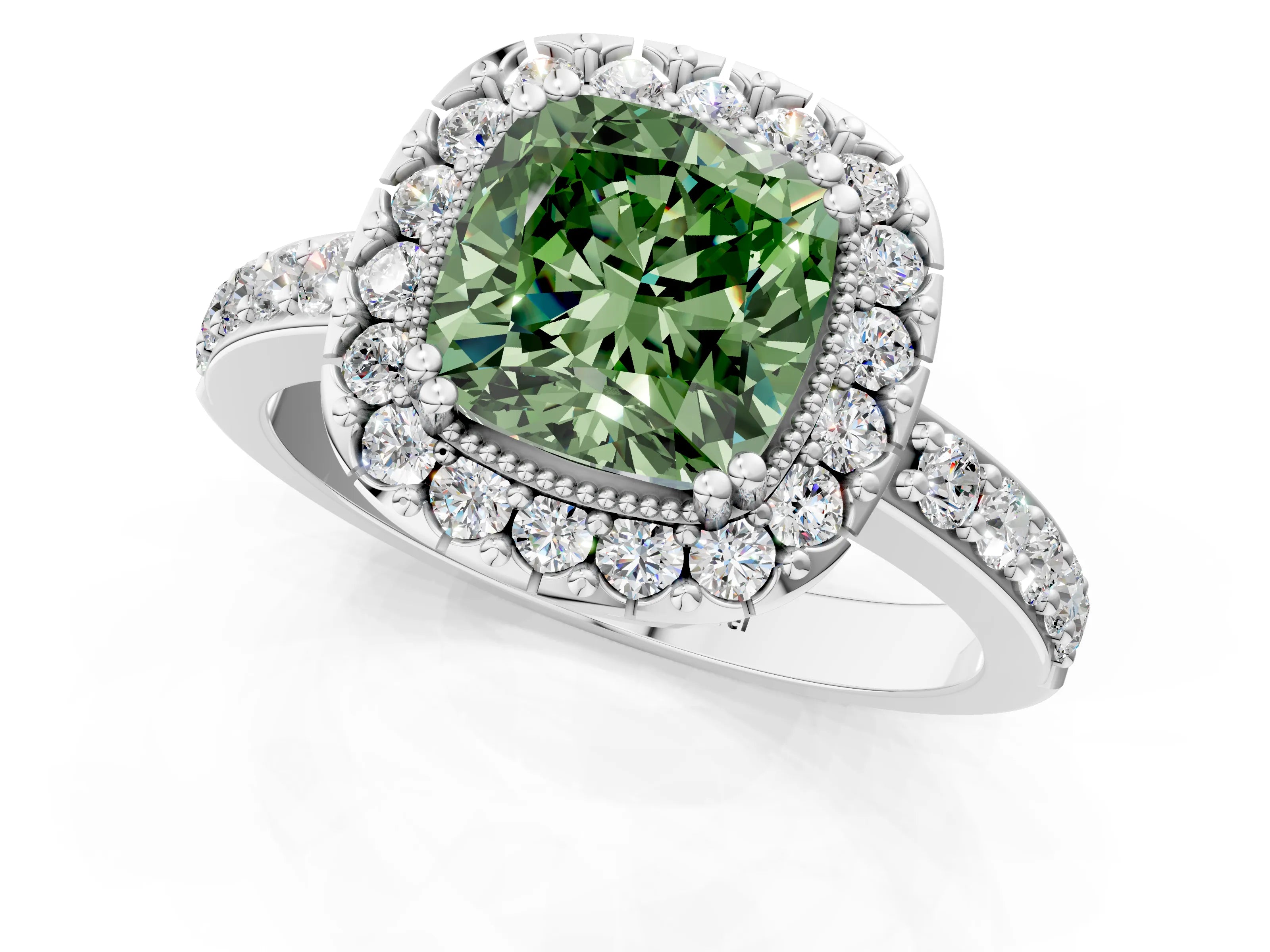 White gold Fancy Green Cushion Cut Diamond Halo Ring with Pavé Band and Prong Setting_49