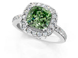 White gold Fancy Green Cushion Cut Diamond Halo Ring with Pavé Band and Prong Setting_49