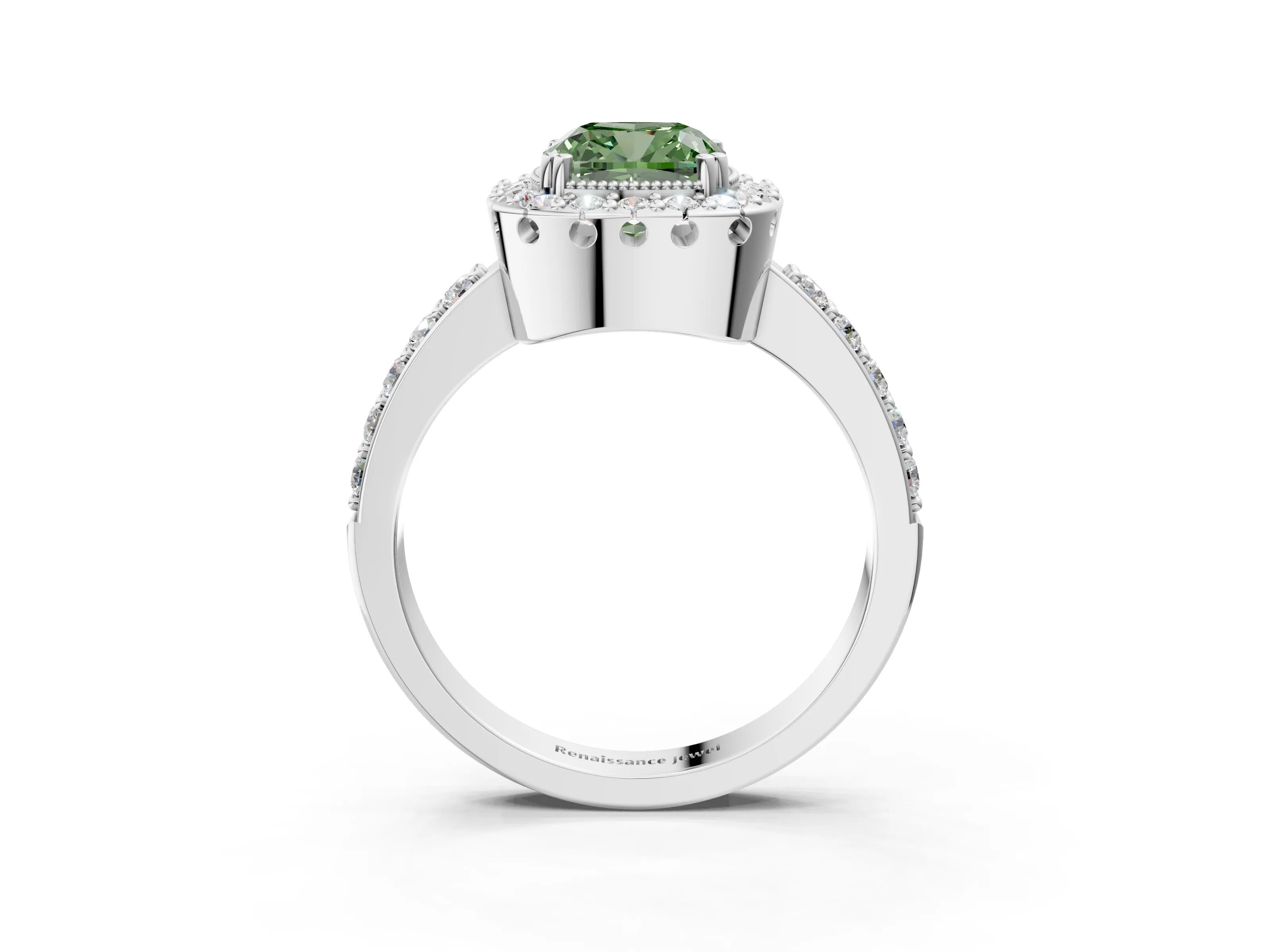 White gold Fancy Green Cushion Cut Diamond Halo Ring with Pavé Band and Prong Setting_51