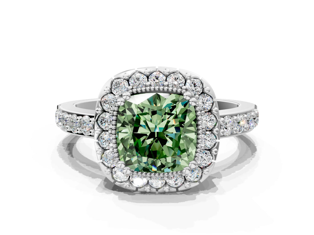 White gold Fancy Green Cushion Cut Diamond Halo Ring with Pavé Band and Prong Setting_6