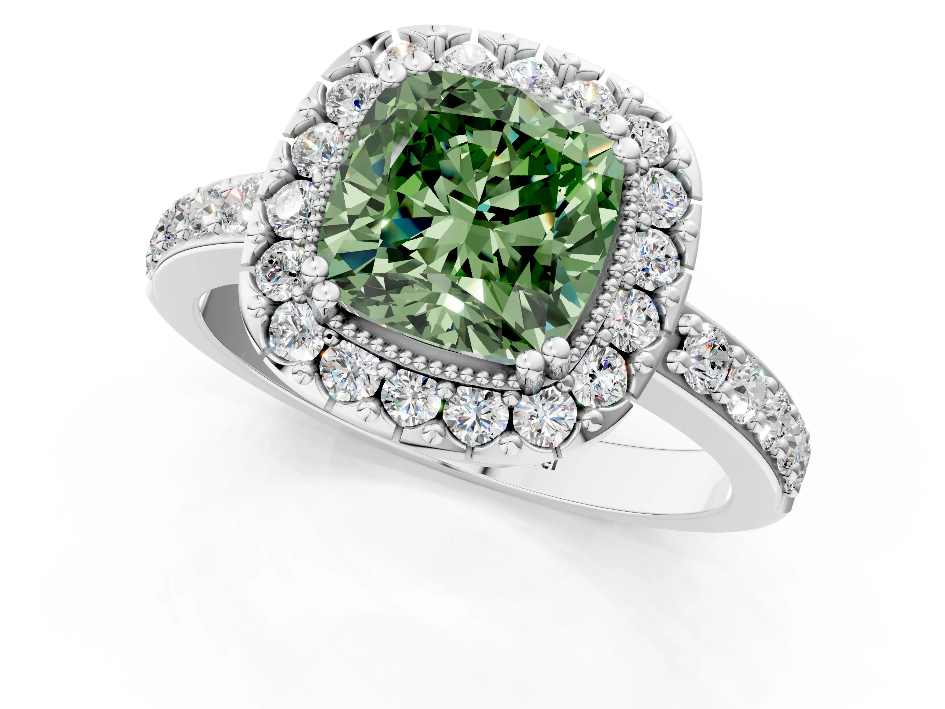 White gold Fancy Green Cushion Cut Diamond Halo Ring with Pavé Band and Prong Setting_73