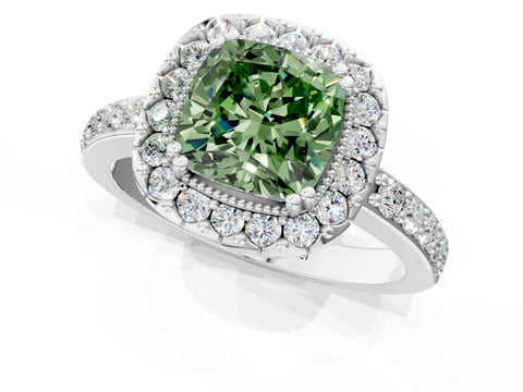 White gold Fancy Green Cushion Cut Diamond Halo Ring with Pavé Band and Prong Setting_73
