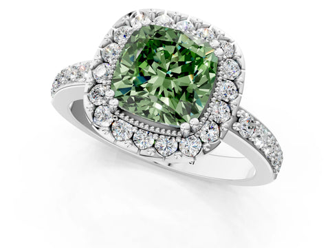 White gold Fancy Green Cushion Cut Diamond Halo Ring with Pavé Band and Prong Setting_73