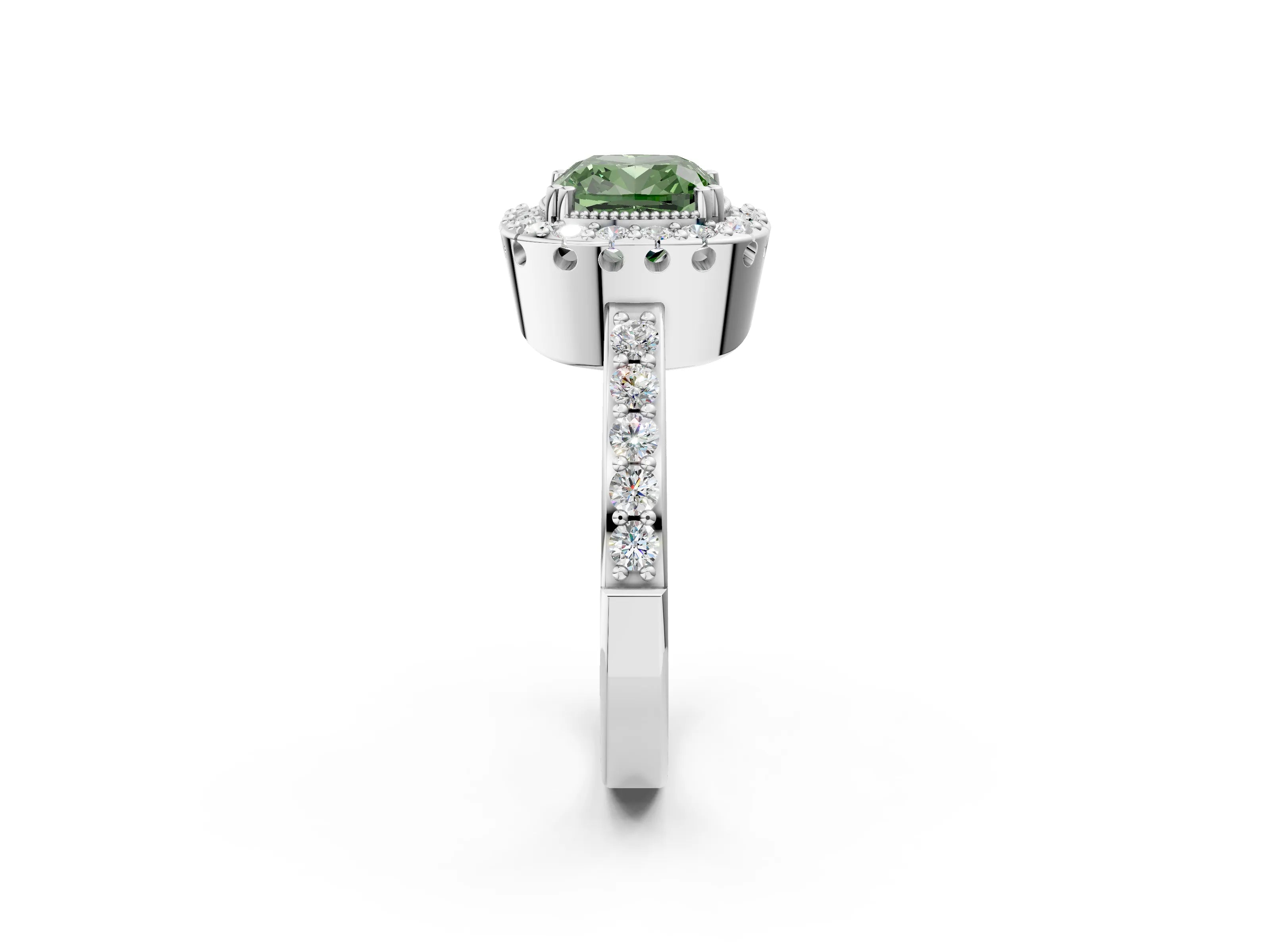 White gold Fancy Green Cushion Cut Diamond Halo Ring with Pavé Band and Prong Setting_74