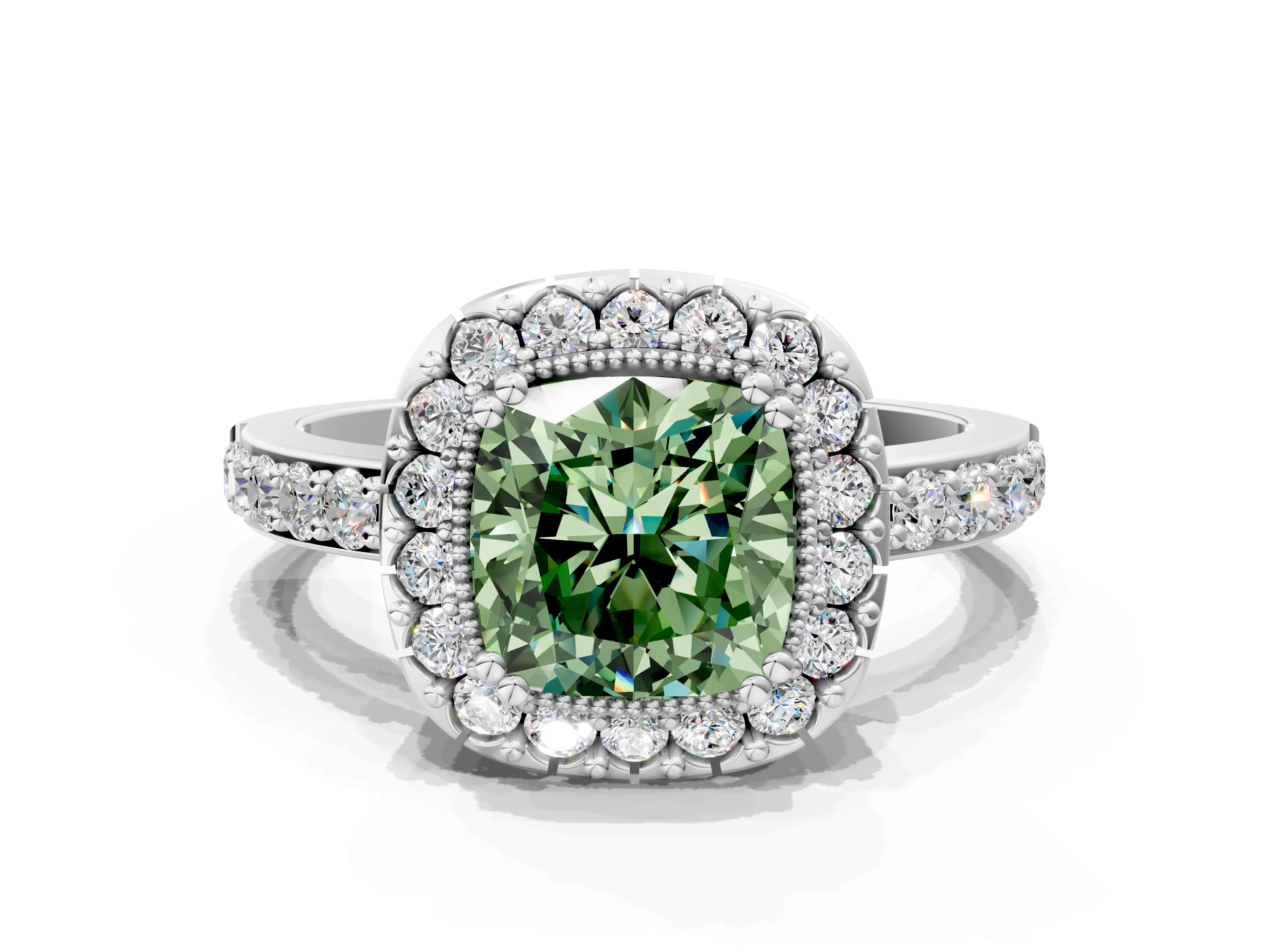 White gold Fancy Green Cushion Cut Diamond Halo Ring with Pavé Band and Prong Setting_84