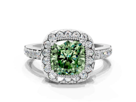 White gold Fancy Green Cushion Cut Diamond Halo Ring with Pavé Band and Prong Setting_84