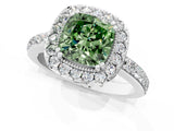 White gold Fancy Green Cushion Cut Diamond Halo Ring with Pavé Band and Prong Setting_85