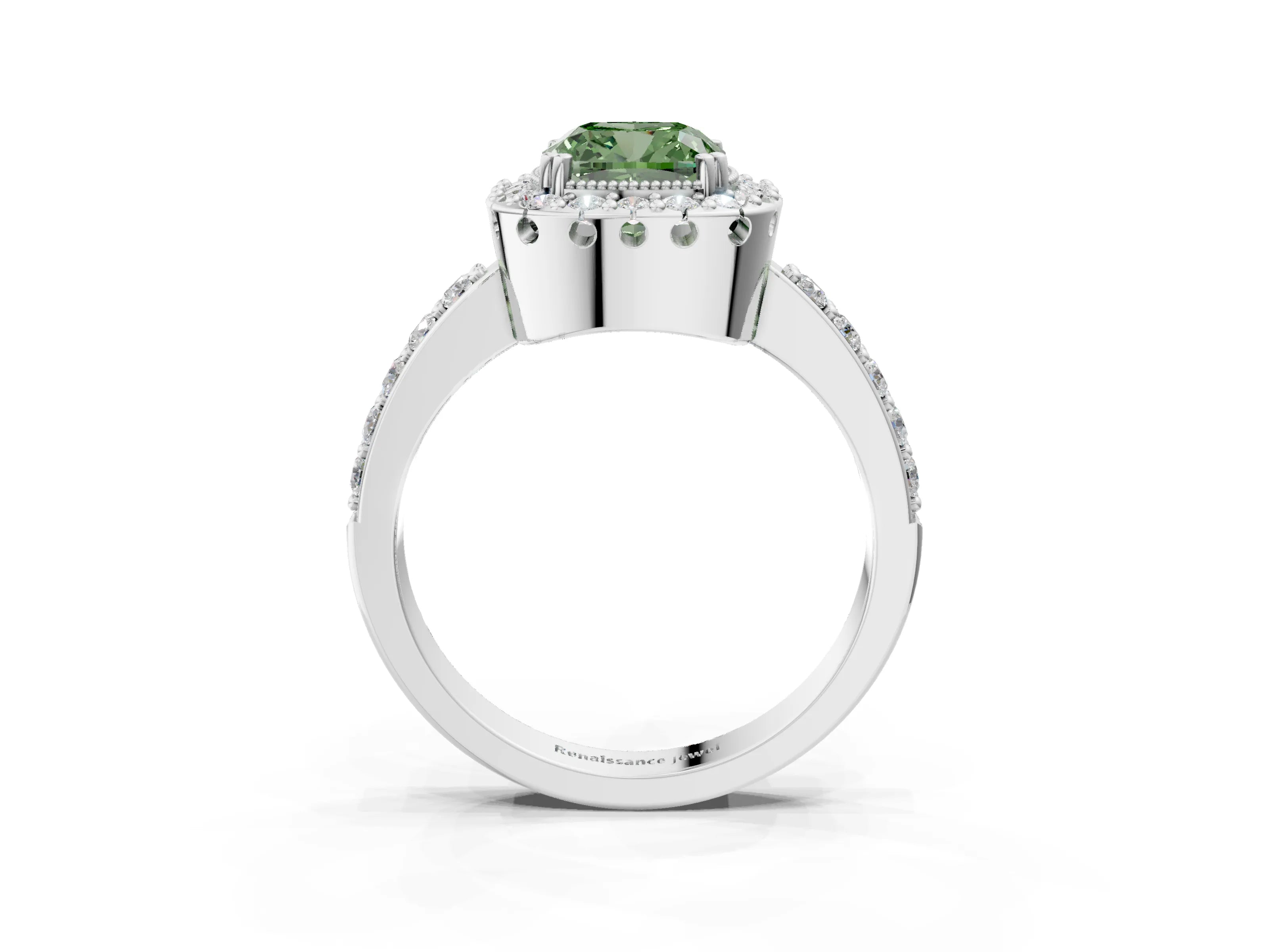White gold Fancy Green Cushion Cut Diamond Halo Ring with Pavé Band and Prong Setting_87