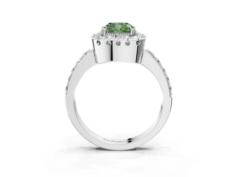 White gold Fancy Green Cushion Cut Diamond Halo Ring with Pavé Band and Prong Setting_87