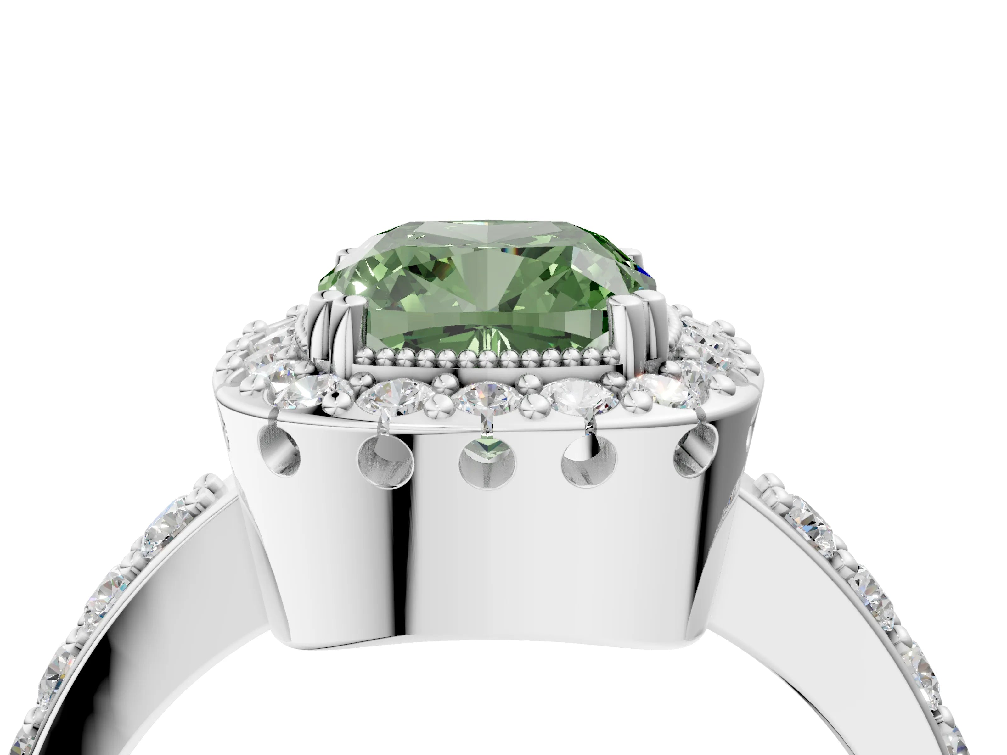 White gold Fancy Green Cushion Cut Diamond Halo Ring with Pavé Band and Prong Setting_88