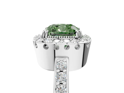 White gold Fancy Green Cushion Cut Diamond Halo Ring with Pavé Band and Prong Setting_89