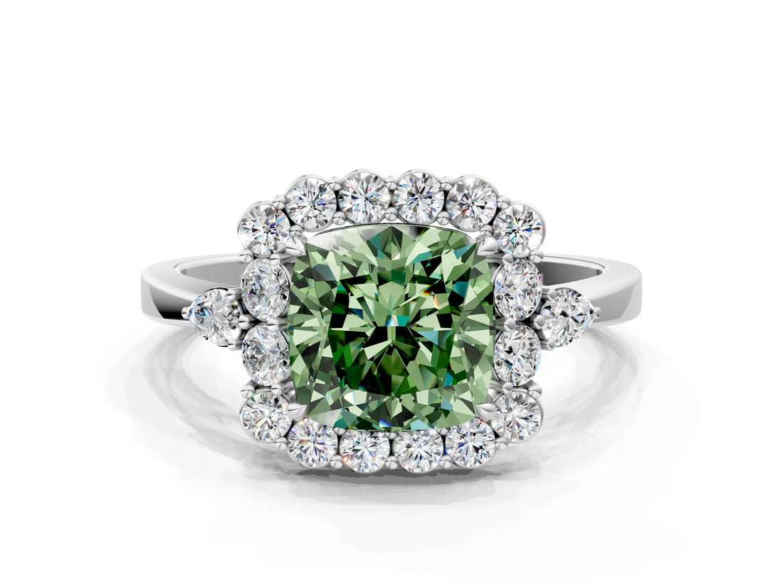 White gold Fancy Green Cushion Cut Diamond Halo Ring with Pear Side Stones and Prong Setting_88