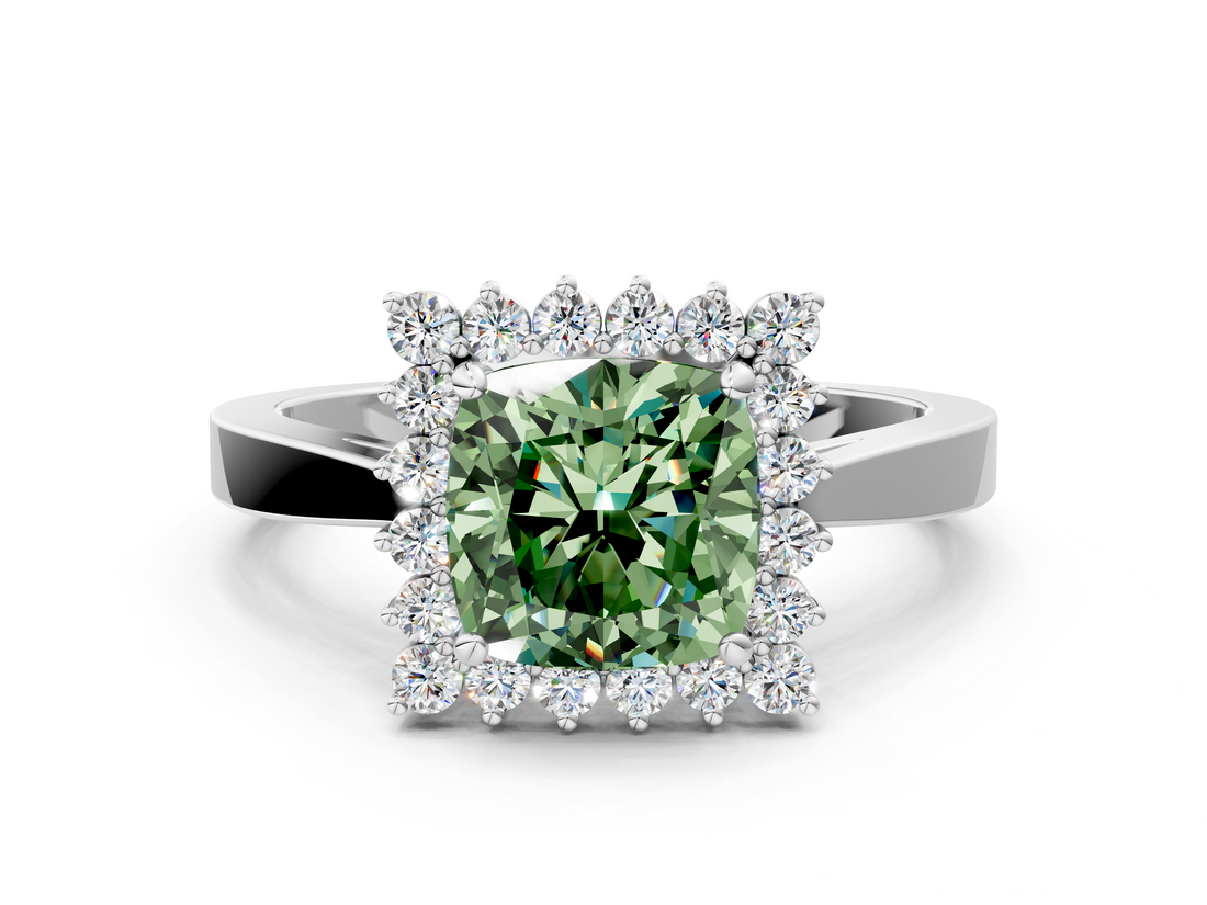 White gold Fancy Green Cushion  Cut Diamond Halo Ring with Round Brilliant Halo and Solitaire Band_73