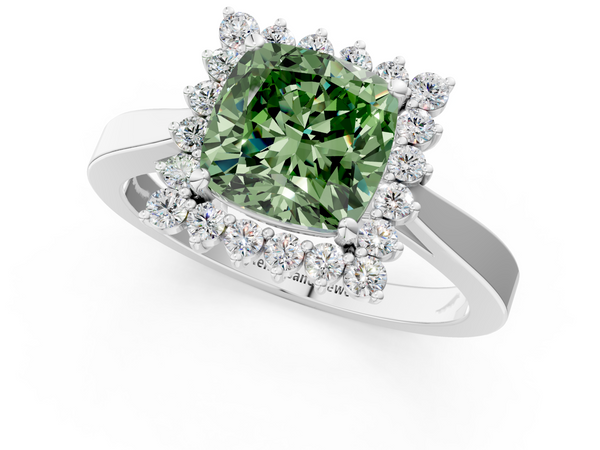 Platinum Fancy Green Cushion  Cut Diamond Halo Ring with Round Brilliant Halo and Solitaire Band