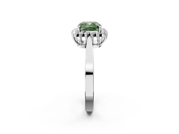 Platinum Fancy Green Cushion  Cut Diamond Halo Ring with Round Brilliant Halo and Solitaire Band