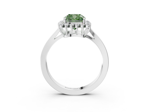 Platinum Fancy Green Cushion  Cut Diamond Halo Ring with Round Brilliant Halo and Solitaire Band