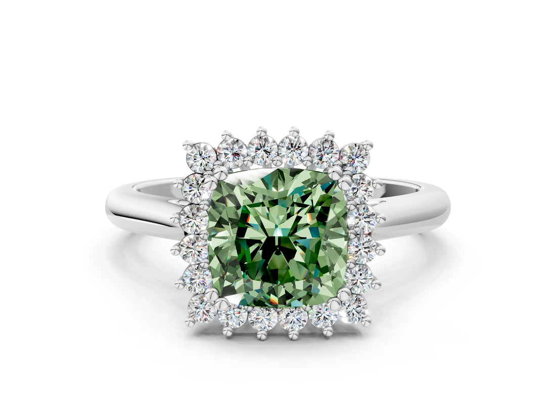 White gold Fancy Green Cushion  Cut Diamond Halo Ring with Solitaire Band and Prong Setting_53