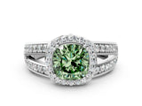 White gold Fancy Green Cushion Cut Diamond Halo Ring with Split Shank Pavé Band and Four-Prong Setting_12