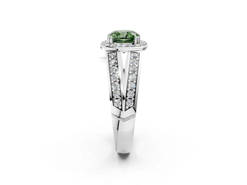 White gold Fancy Green Cushion Cut Diamond Halo Ring with Split Shank Pavé Band and Four-Prong Setting_14
