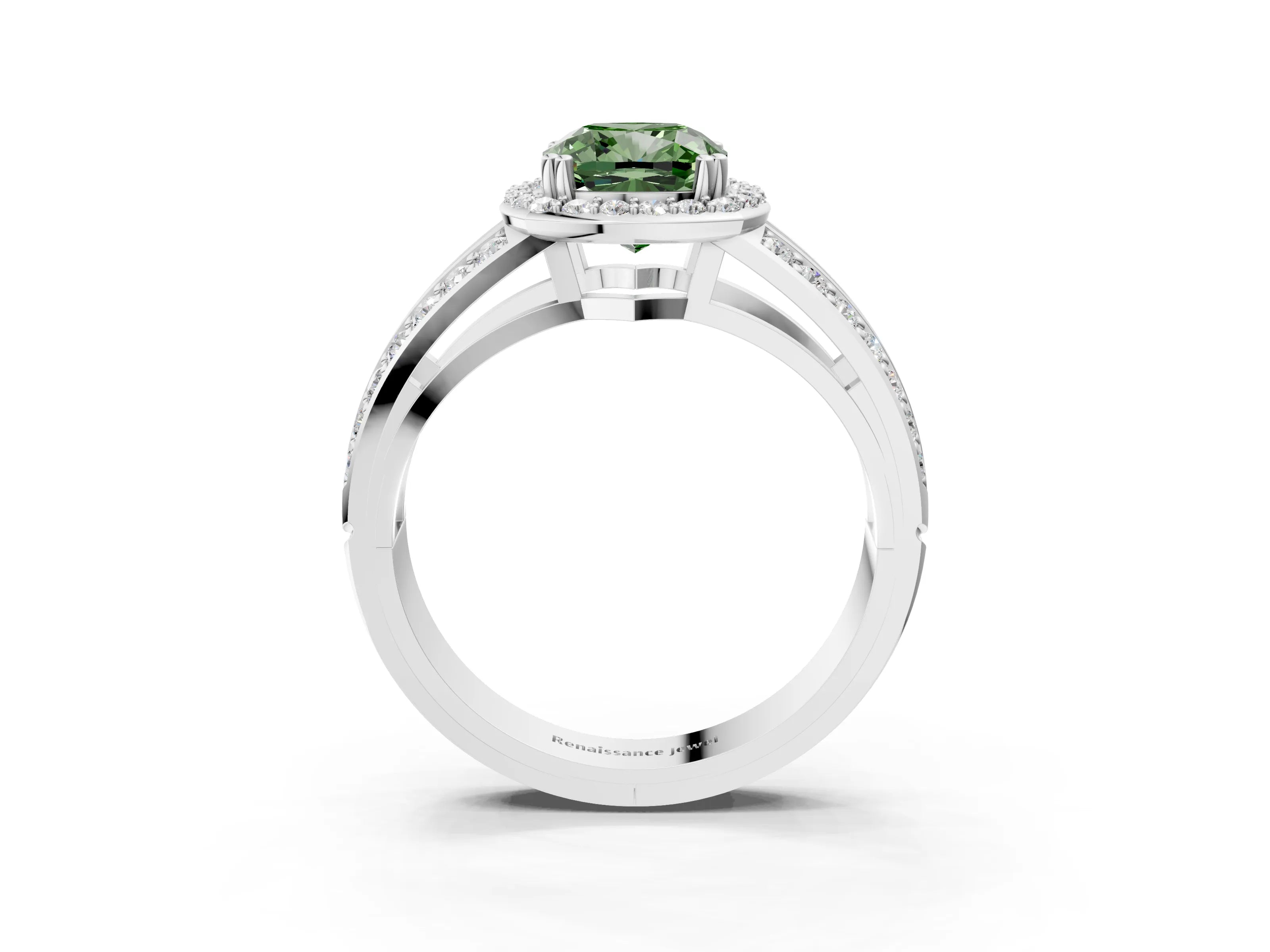 White gold Fancy Green Cushion Cut Diamond Halo Ring with Split Shank Pavé Band and Four-Prong Setting_15