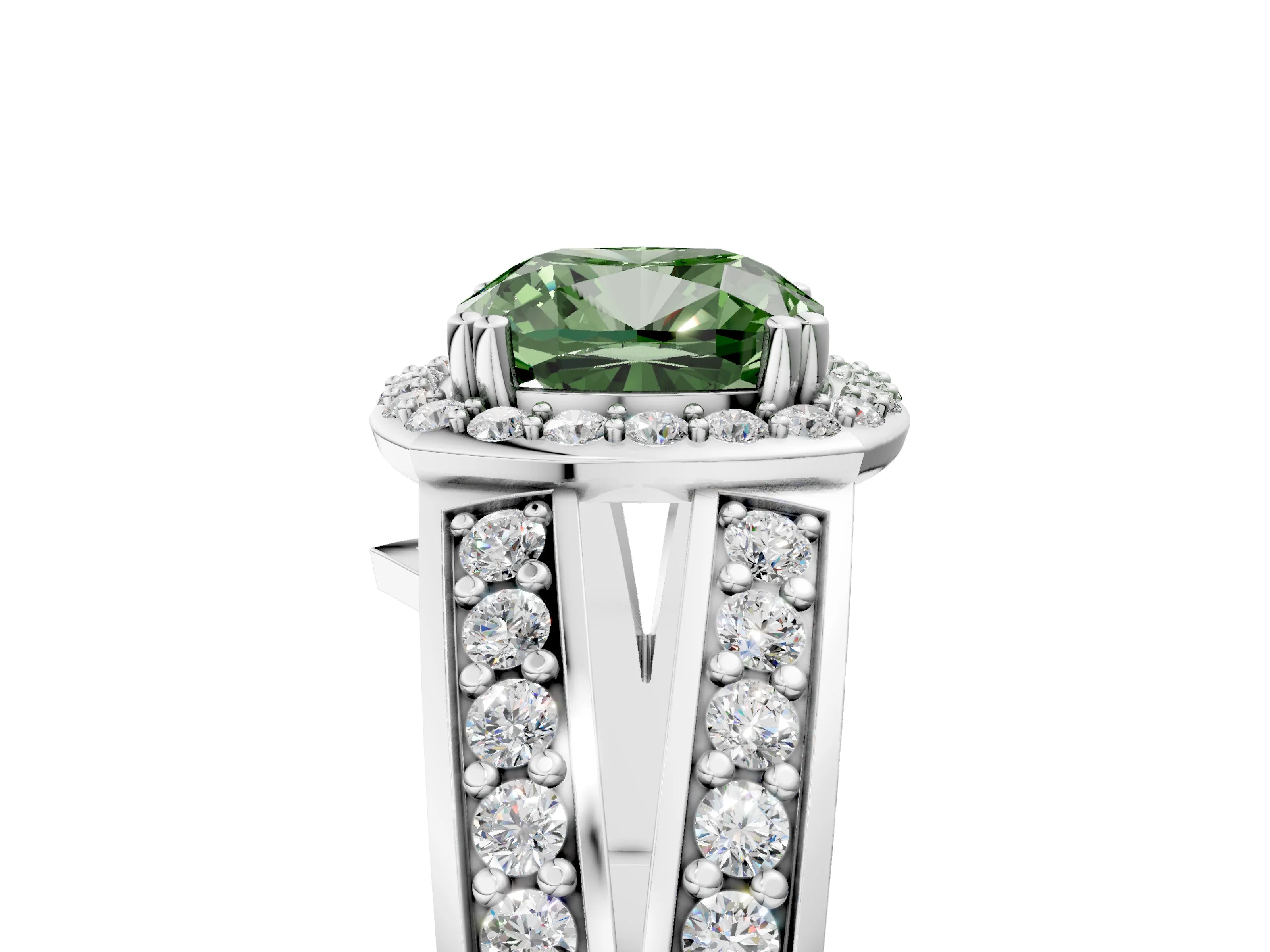 White gold Fancy Green Cushion Cut Diamond Halo Ring with Split Shank Pavé Band and Four-Prong Setting_17