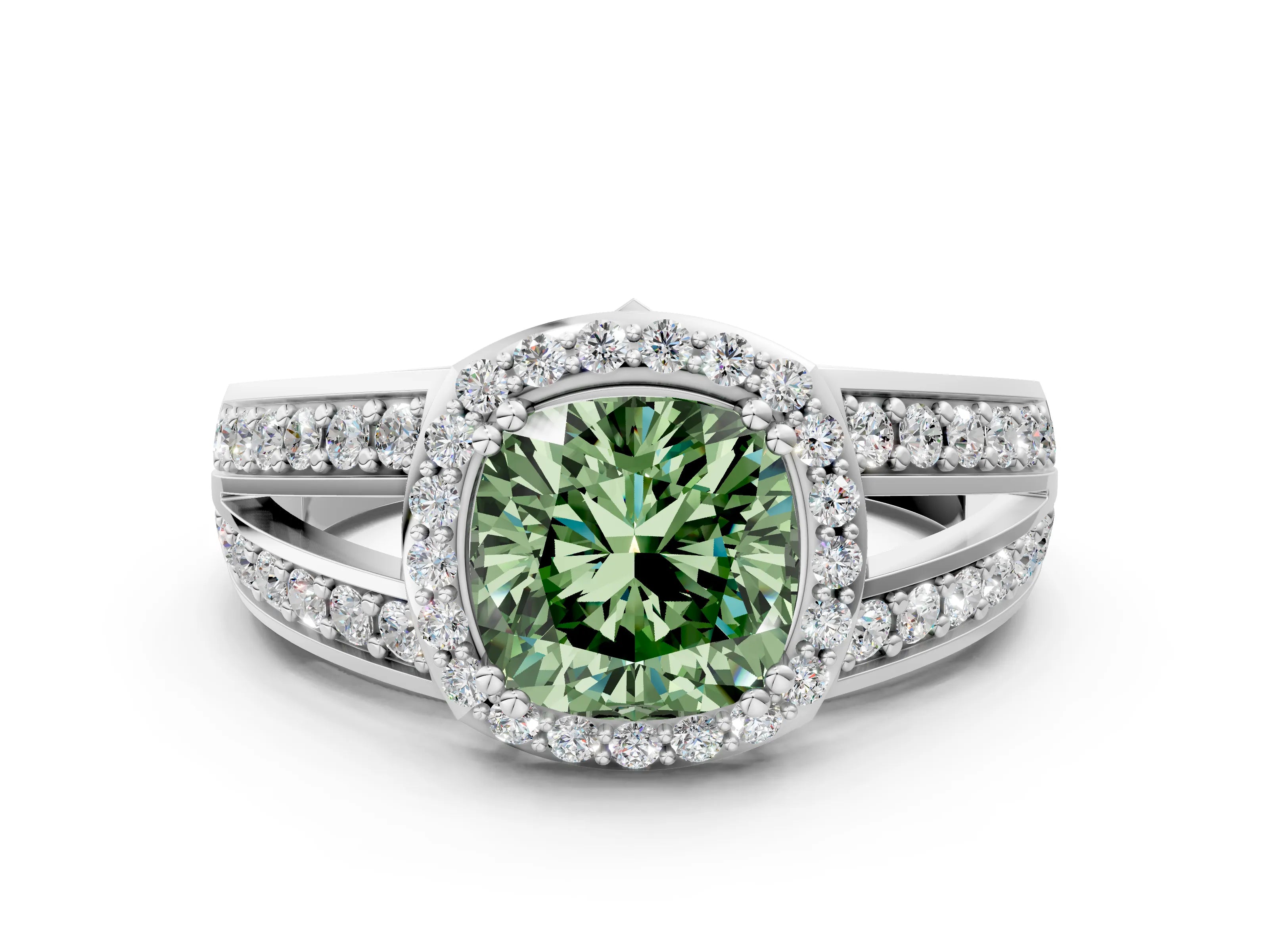 White gold Fancy Green Cushion Cut Diamond Halo Ring with Split Shank Pavé Band and Four-Prong Setting_19