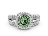 White gold Fancy Green Cushion Cut Diamond Halo Ring with Split Shank Pavé Band and Four-Prong Setting_19