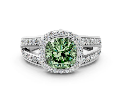 White gold Fancy Green Cushion Cut Diamond Halo Ring with Split Shank Pavé Band and Four-Prong Setting_19
