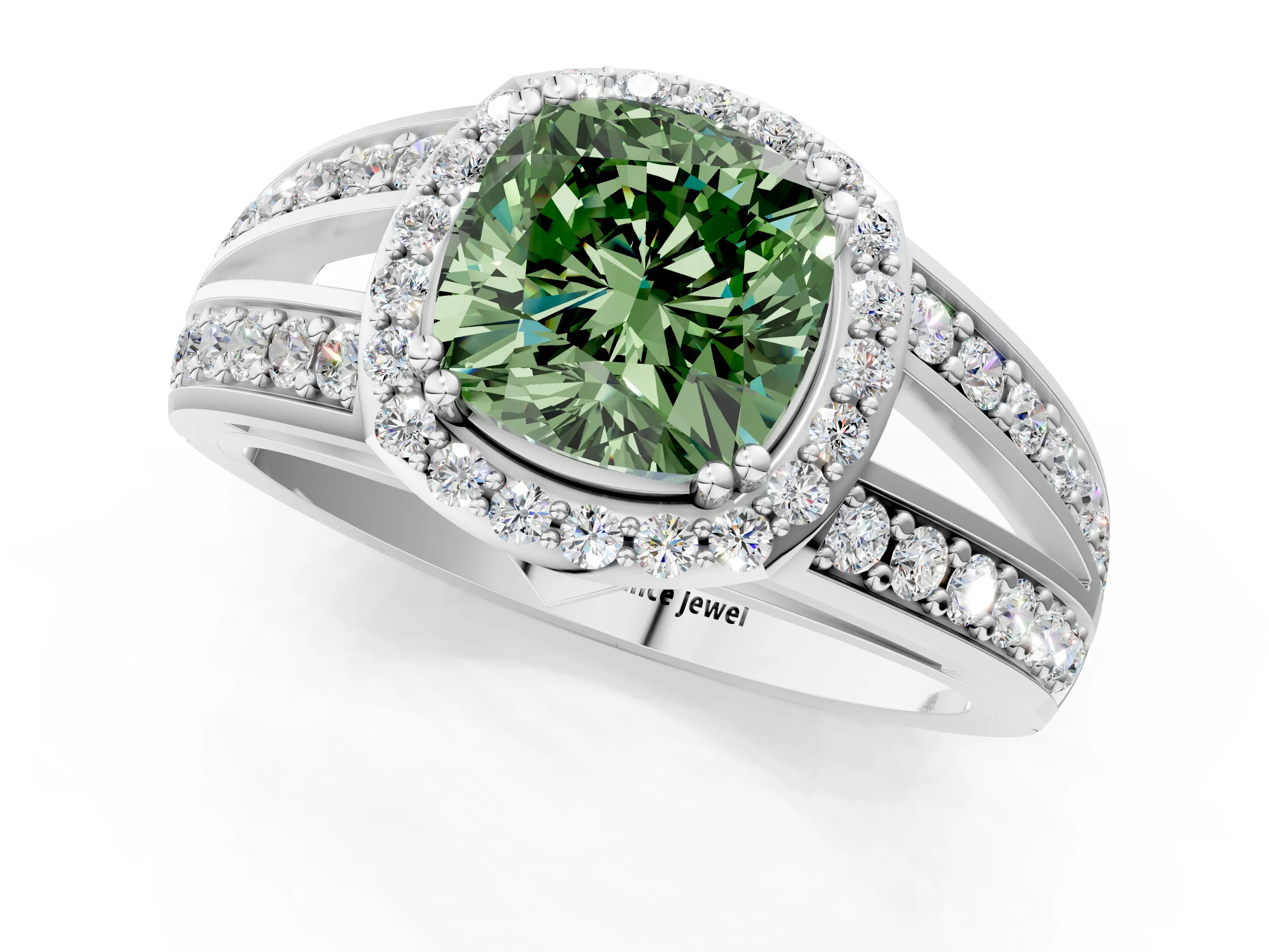 White gold Fancy Green Cushion Cut Diamond Halo Ring with Split Shank Pavé Band and Four-Prong Setting_20