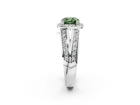 White gold Fancy Green Cushion Cut Diamond Halo Ring with Split Shank Pavé Band and Four-Prong Setting_20
