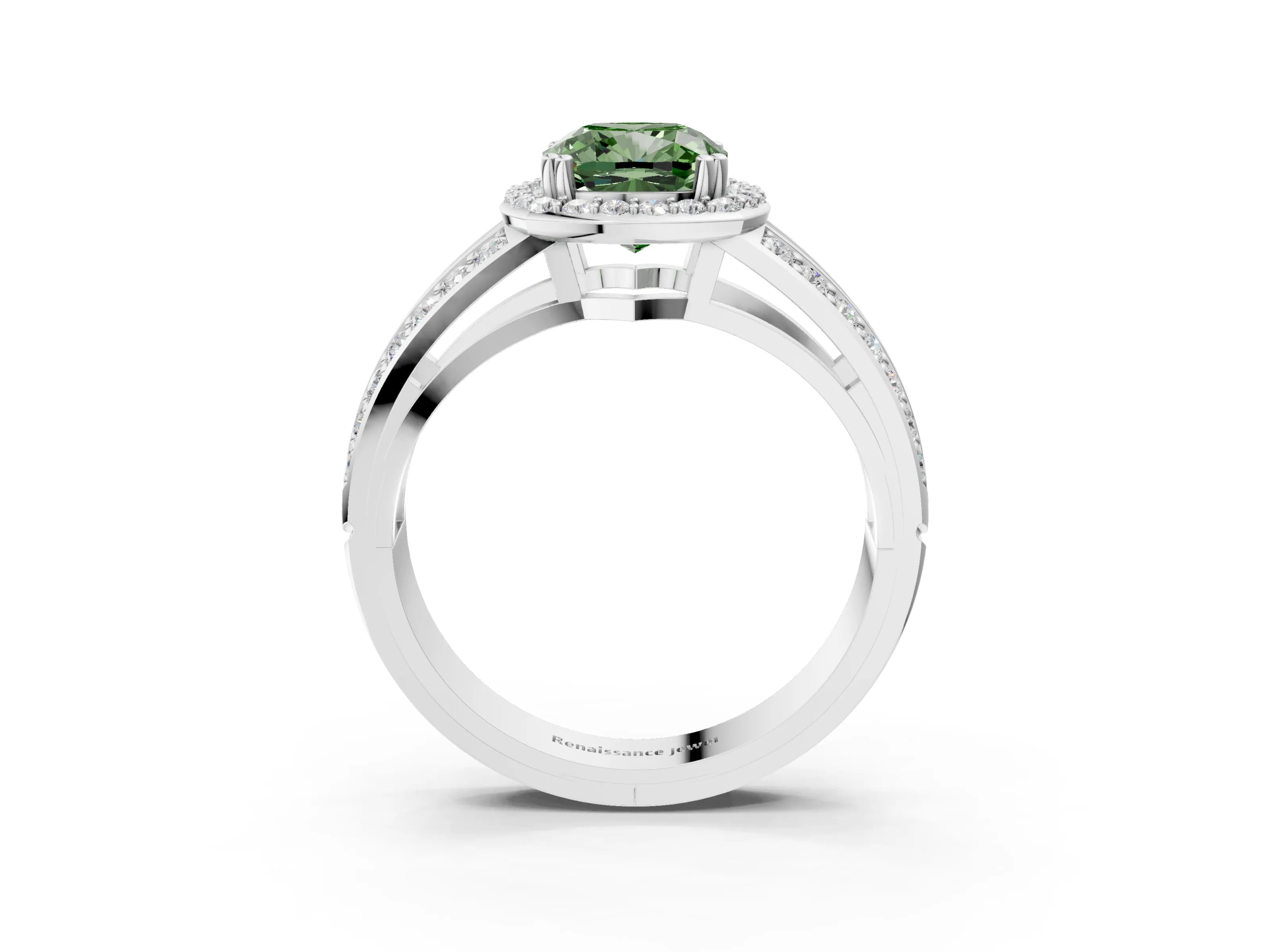 White gold Fancy Green Cushion Cut Diamond Halo Ring with Split Shank Pavé Band and Four-Prong Setting_21