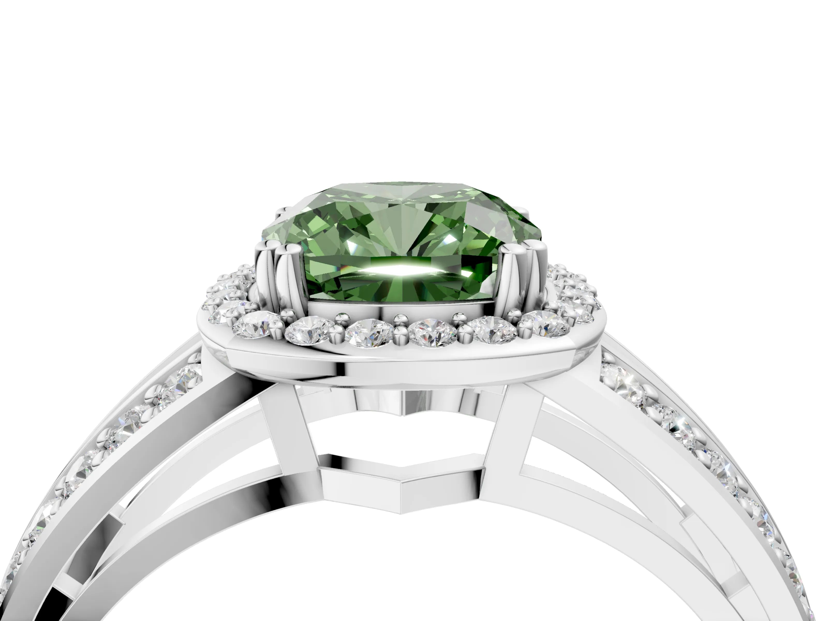 White gold Fancy Green Cushion Cut Diamond Halo Ring with Split Shank Pavé Band and Four-Prong Setting_23