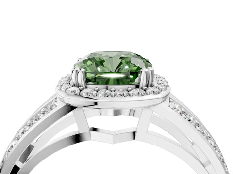 White gold Fancy Green Cushion Cut Diamond Halo Ring with Split Shank Pavé Band and Four-Prong Setting_23