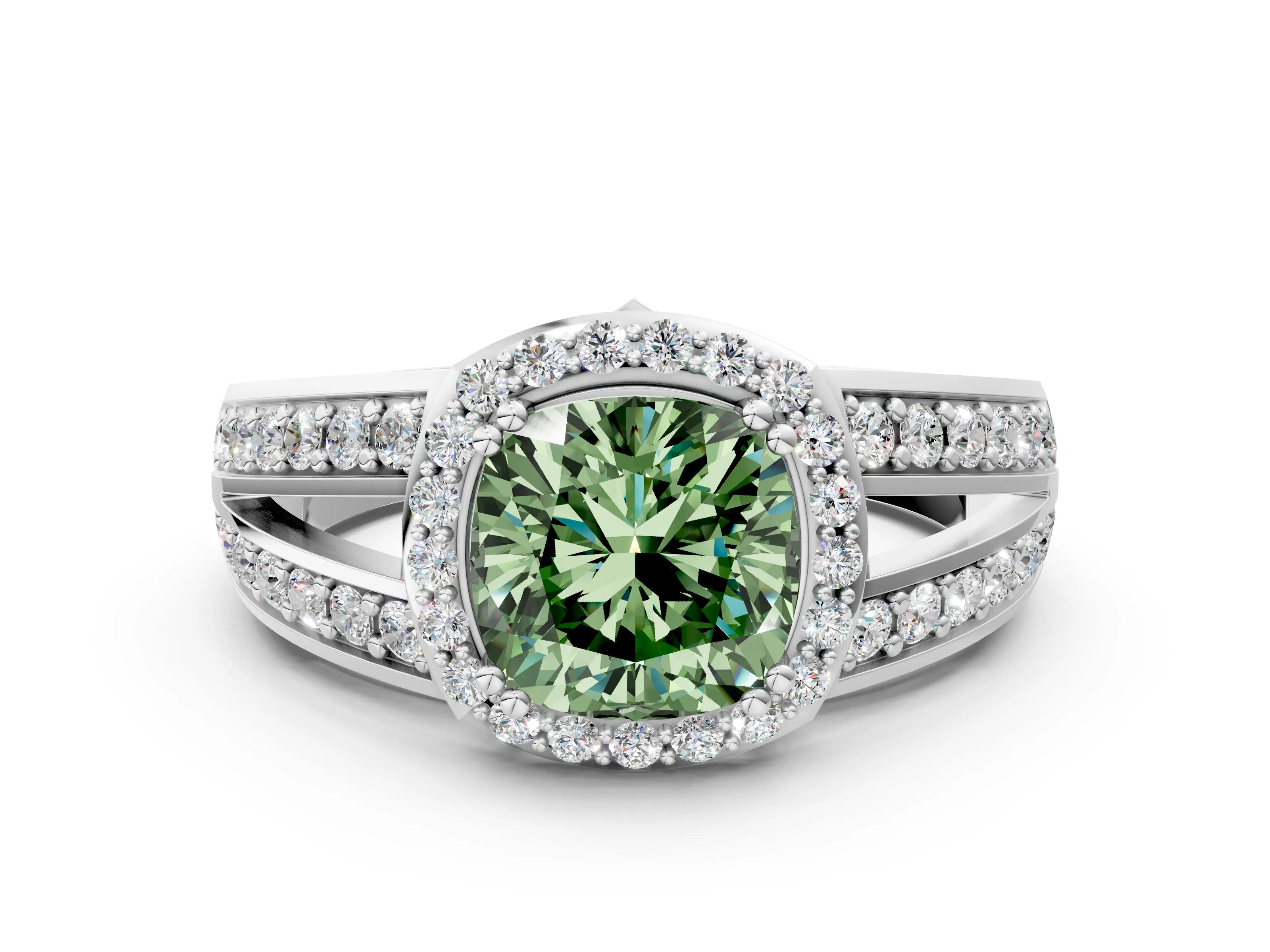 White gold Fancy Green Cushion Cut Diamond Halo Ring with Split Shank Pavé Band and Four-Prong Setting_34