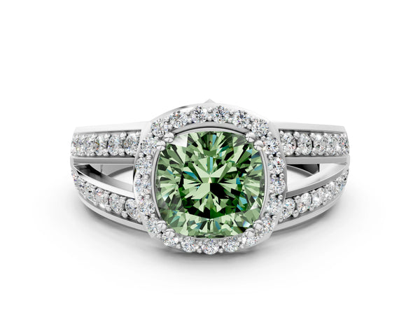 Platinum Fancy Green Cushion Cut Diamond Halo Ring with Split Shank Pavé Band and Four-Prong Setting