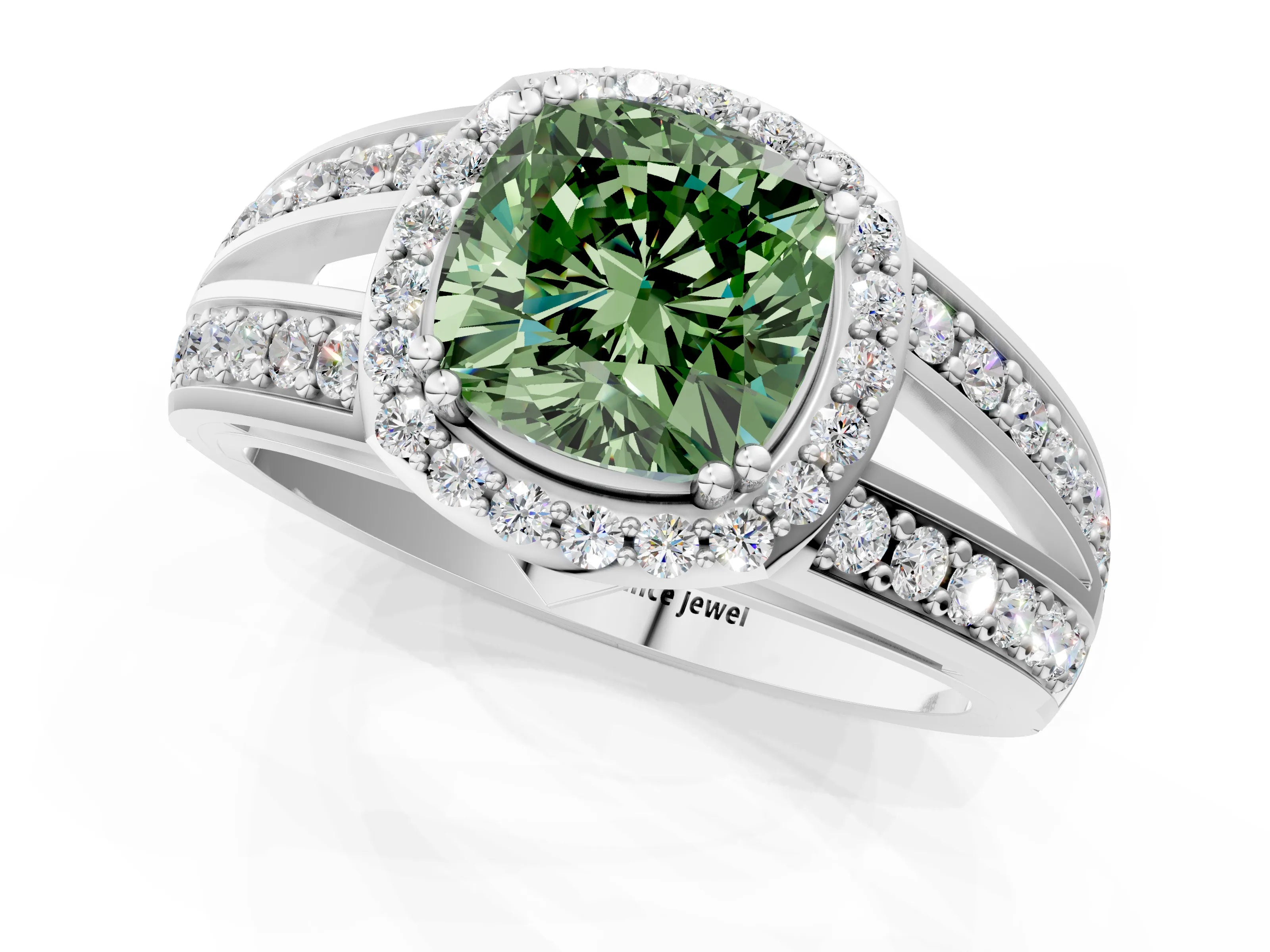 White gold Fancy Green Cushion Cut Diamond Halo Ring with Split Shank Pavé Band and Four-Prong Setting_39