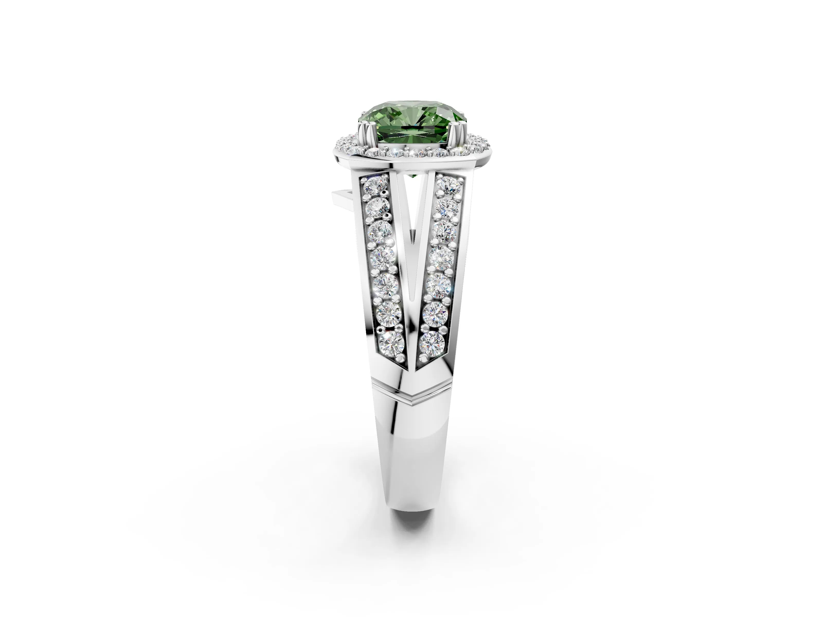 White gold Fancy Green Cushion Cut Diamond Halo Ring with Split Shank Pavé Band and Four-Prong Setting_40