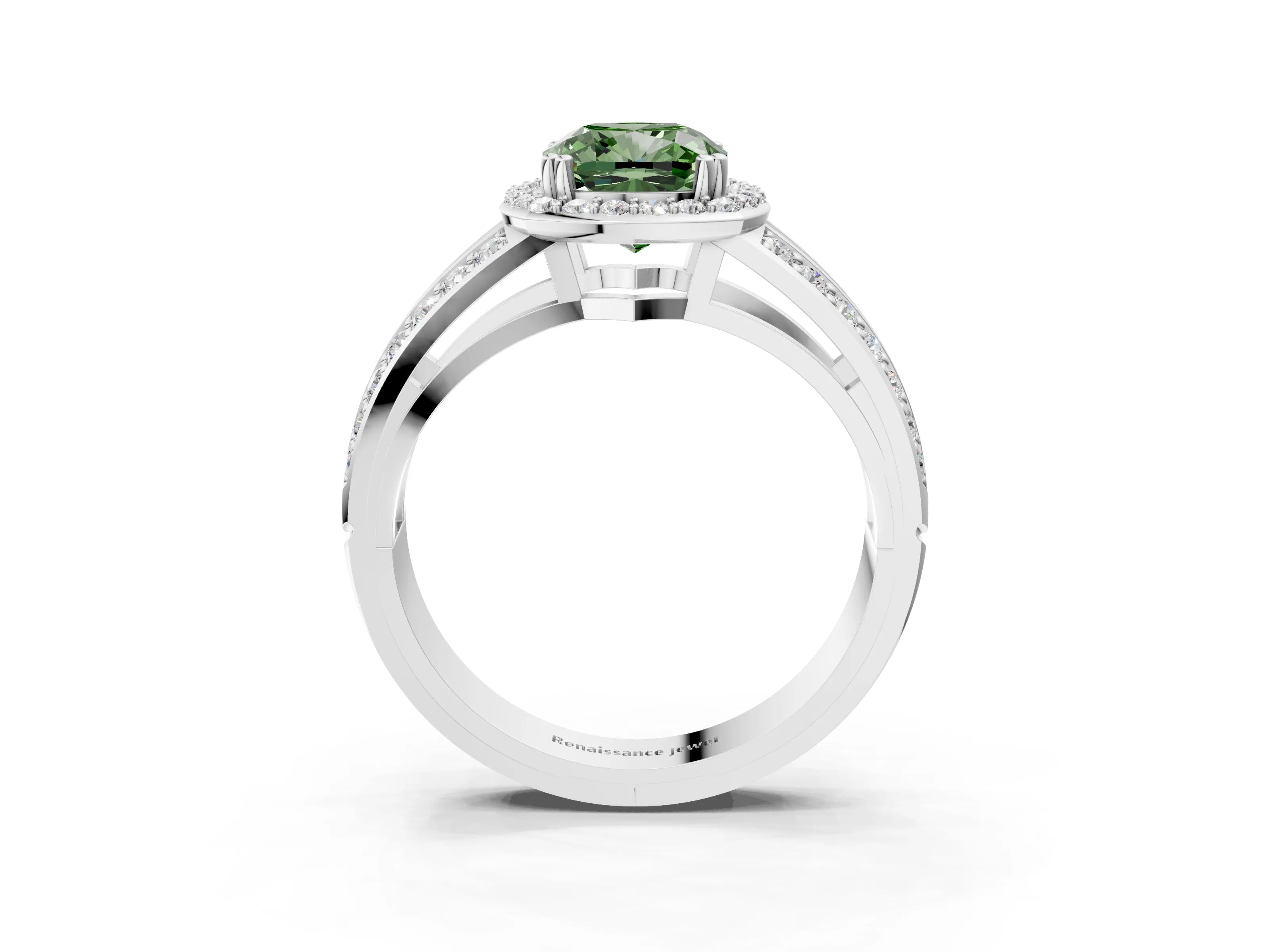 White gold Fancy Green Cushion Cut Diamond Halo Ring with Split Shank Pavé Band and Four-Prong Setting_41