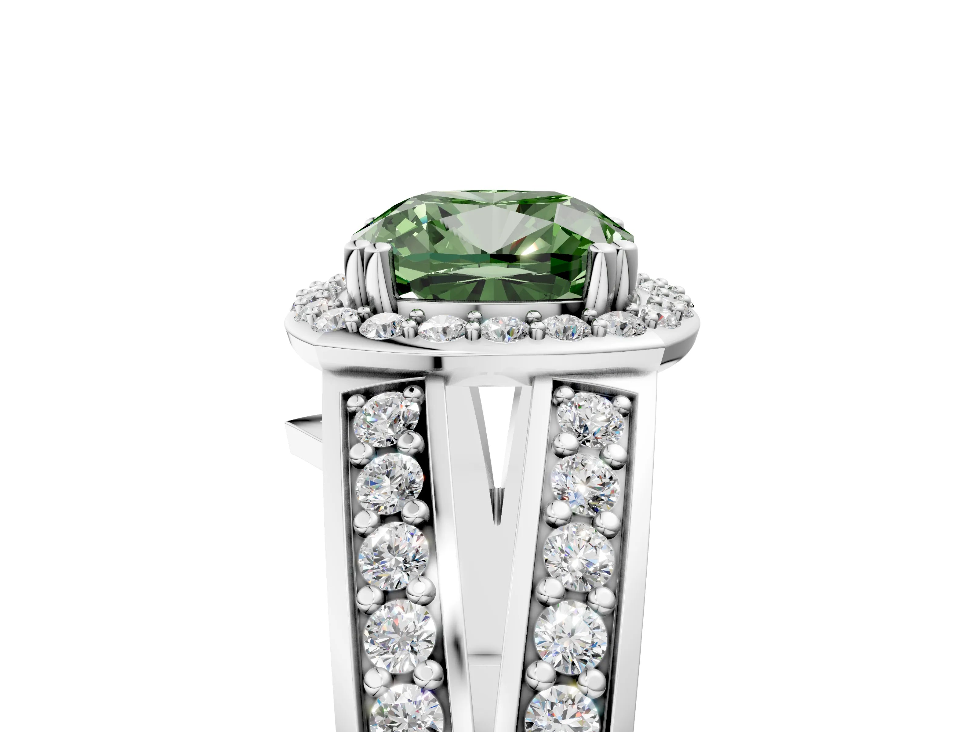 White gold Fancy Green Cushion Cut Diamond Halo Ring with Split Shank Pavé Band and Four-Prong Setting_41