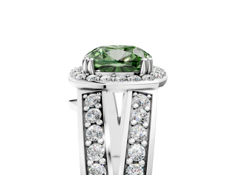 White gold Fancy Green Cushion Cut Diamond Halo Ring with Split Shank Pavé Band and Four-Prong Setting_43