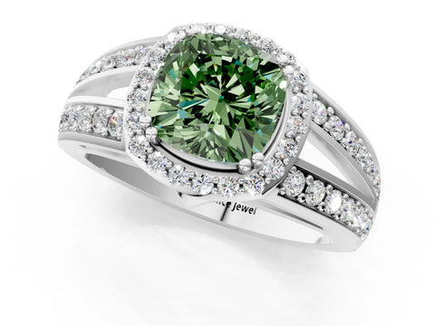 White gold Fancy Green Cushion Cut Diamond Halo Ring with Split Shank Pavé Band and Four-Prong Setting_61