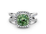 White gold Fancy Green Cushion Cut Diamond Halo Ring with Split Shank Pavé Band and Prong Setting_79