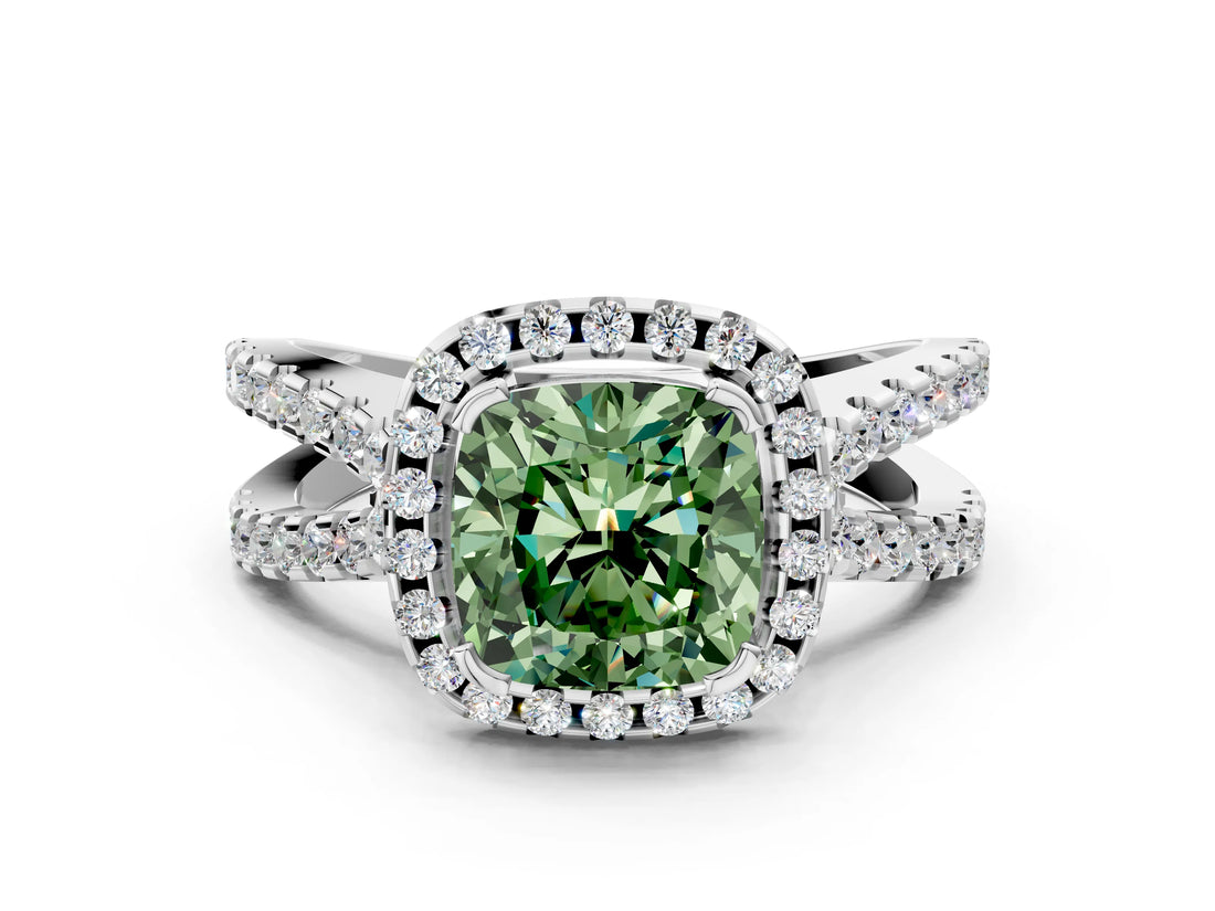 White gold Fancy Green Cushion Cut Diamond Halo Ring with Split Shank Pavé Band and Prong Setting_79